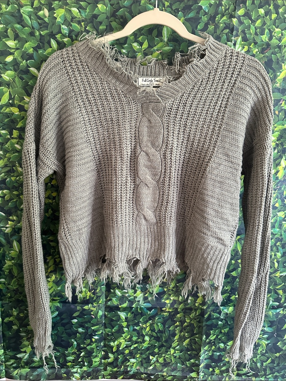 Off-the-Shoulder Distressed Cable Knit Sweater - Light Gray - Picture 4 of 4